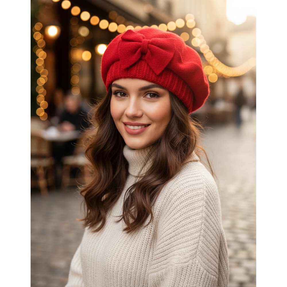French‎ Bow Beret Hat Wool Womens OS Red Classic Chic Artist Parisian Feminine